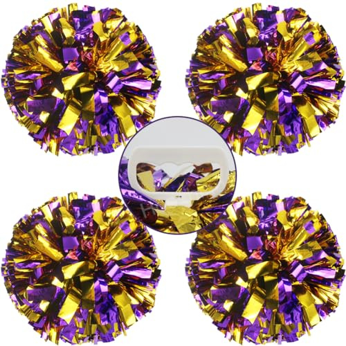 Hooshing 4PCS Pom Poms Cheerleading Purple and Gold with Handle Cheer Pom Poms for Sports Team Spirit Performance