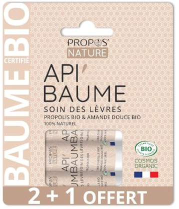 Stick à lèvres Api'Baume Bio - LOT 2 +1 OFFERT - Propolis & Cire d'abeille - 100% naturel - Fabriqué en France -3x3,7G - PROPOS'NATURE