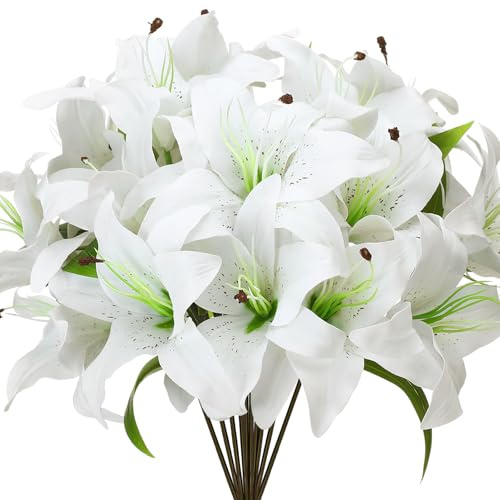 Riceshoot 24 Pcs Artificial Tiger Lily Flowers Real Touch Easter White Latex Fake Lily Bouquet Faux Flowers for Easter Indoor Home Table Office Wedding Decoration
