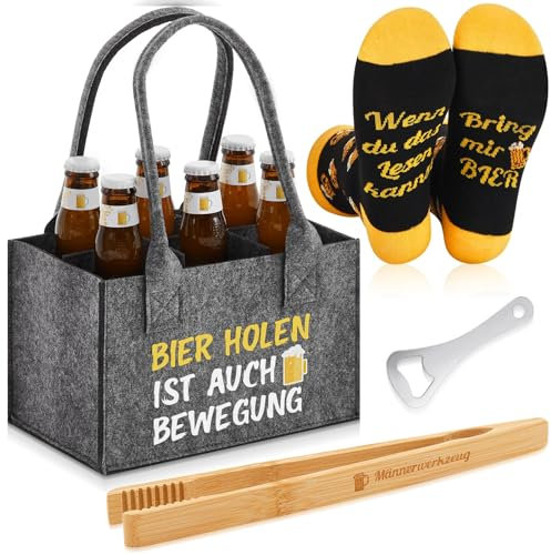 SATINIOR 4 Stück Bier Tasche Männer Geburtstag Geschenk Männerhandtasche Filz Flaschentasche 24 cm 6 Fächern Lustig Biersocken Flaschenöffner Grillzange Vatertag(Bier Holen ist auch Bewegung)