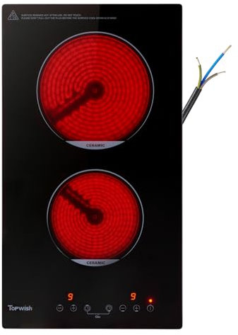 Topwish Glaskeramikkochfeld, 2 Zonen Keramikkochfeld, Elektroherd, integriertes elektrisches Kochfeld, Einbaukochfeld mit 9 Stufen, Kindersicherung, Touchsteuerung, Restwärmeanzeige, Netzkabel,29*52cm
