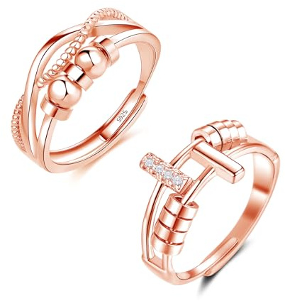 Bewenda Silver Ångestringsset, 925 sterling silver ångestringar för kvinnor, justerbar snurra fidgetringar set, öppen justerbar anti-stressring, stämningsring med pärlor, pärla mot ångest, stress