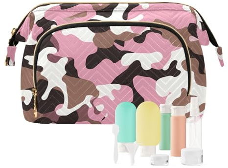 miaozhen Bolsa de cosméticos de camuflaje marrón melocotón para maquillaje, impermeable, para mujer, cartera para dinero en efectivo para maquillaje de gran capacidad, Camuflaje marrón melocotón