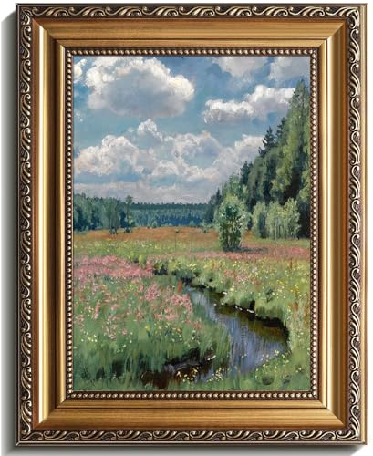 Vintage Gold Framed Wall Decor Wildflower Landscape Oil Painting, French Cottage Canvas Wall Art Spring Landscape, Wildflower Poster for Bedroom Living Room Bathroom -9x12