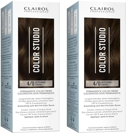 Clairol Professional Color Studio Permanente Haarfarbe Mittelbraun 4/0 (110 ml) – mit Metal-Purifier für 6 x weniger Haarbruch, 10 Wochen sattes Farbergebnis & 100% Grauabdeckung – inkl. Haarkur