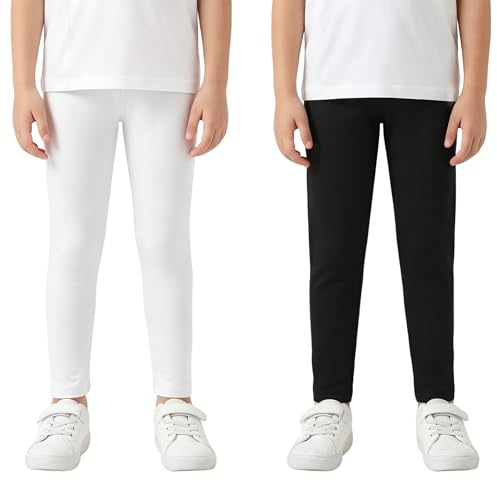 FILOWA Leggings flickor bomull stretchbyxor 2-pack flerfärgade stretchbyxor leggings längd byxor gymnastikskor fritid sportbyxor skola park utomhus vår höst för barn storlek 116–158, Vit, 140-146