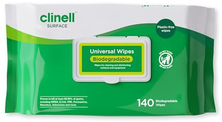 Clinell Universal Biodegradable Disinfectant Wipes – 140 Pack | Plastic-Free, Eco-Friendly Surface & Equipment Cleaning | Kills 99.99% of Bacteria & Viruses