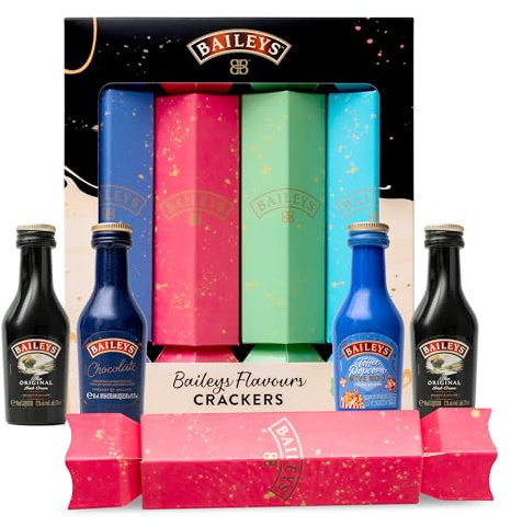 Baileys Alcohol Christmas Crackers Luxury - 4x 5cl Baileys Miniature Bottles - Original Irish Cream Liqueur, Chocolate & Toffee Popcorn, Party Xmas Crackers, Mini Festive Gift Set, Mum Stocking Gifts