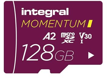 Integral Momentum I Tarjeta Micro SDXC de 128 GB, hasta 210 MB/s de Lectura y 180 MB/s de Escritura, V30, U3, A2, 4K/5K UHD para GoPro, Drones dji, cámaras de acción, Resistente al Agua