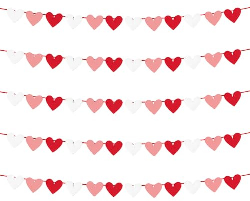 GWAWG 5 piezas de decoración de corazón para el día de San Valentín, guirnalda de corazón de fieltro rojo, rosa y blanco, decoración de corazón colgante para el día de San Valentín, aniversario