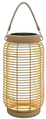 Outsunny Linterna de Jardín de Ratán Sintético Ø18x37 cm Farola Solar de Exterior con Panel Solar Luces LED Encendido y Apagado Automático para Exterior e Interior Arena