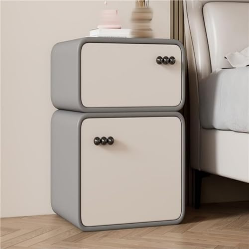 DUY Moderna mesita de noche de 2 cajones, mesita de noche apilable de 2 niveles con acabado beige y gris, armario de almacenamiento curvado con pomos negros para dormitorio y sala de estar (gris)