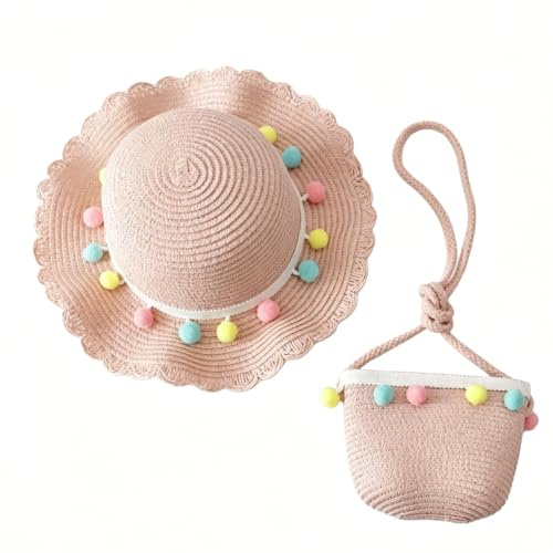Chapeau De Paille et Sac, Petit Sac Chapeau de Soleil d'Été, Ensemble Floral pour Enfant - Tourisme, Vacances, Plage, Activités Extérieures (2 Pièces,56-58cm)