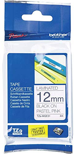 Brother Original laminiertes Schriftband TZe-MQE31 12 mm, schwarz auf pastell-rosa (u.a.für Brother P-touch H200, H100LB/R, H105, E100/VP, D200/BW/VP, D210/VP, Cube)