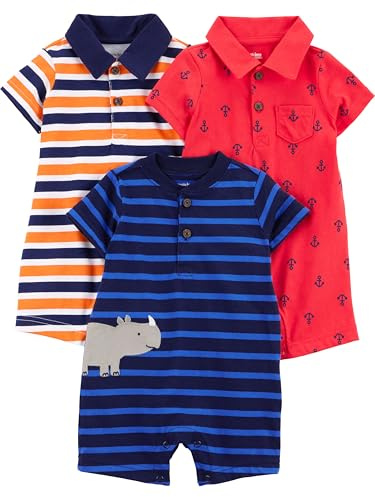 Simple Joys by Carter's Baby 3-pack Rompers, Orange Blue Stripe/Navy Stripe/Red Anchors, 6-9 Months