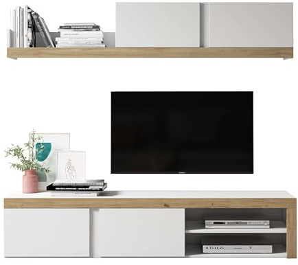 FABRIKIT Mueble de salón Comedor Fly 2 módulos Color Blanco y Naturale Estilo Moderno almacenaje 200x180x40 cm