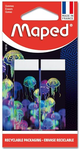 Maped - Set med 2 DeepSea Paradise vita suddgummi - Dust-Free skolsuddgummi - PVC-fritt och ftalatfritt - dekorerat foder - tillverkat i Frankrike