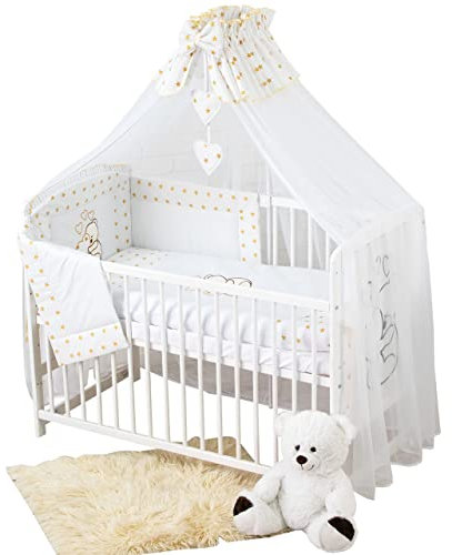 Bello24 - Juego completo de ropa de cama de bebé 10 piezas de algodón 100% bordado con un oso de peluche y corazón con mosquitera en fantásticos colores (oro, 60 x 120 cm)