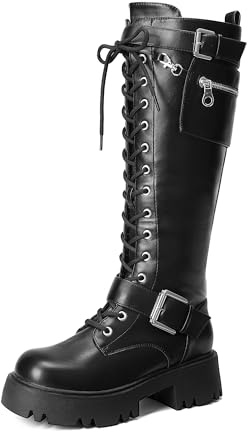 DREAM PAIRS Women's Combat Riding Platform Knee High Boots, Lace Up Fall Lug Sole Gothic Motorcycle Boots with Inside Zipper,Size 9.5,Black,SDKB2304W