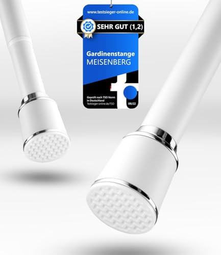 MEISENBERG Spring Loaded Curtain Rod No Drill - White, 270-320 cm - Adjustable - Tension Shower Curtains Rail - Multipurpose Telescopic Extending Pole for Windows, Doorway, Bathroom, Terrace, Closet