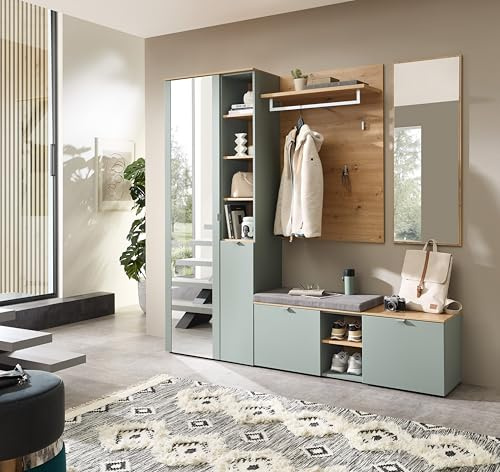 BARI Flurgarderoben Set in Schilfgrün, Artisan Eiche Optik FSC-Zertifiziert - Modernes Garderobenset 4-teilig für Ihren Eingangsbereich - 206 x 202 x 38 cm (B/H/T)