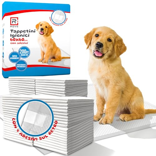 R MOVE 200 Traversine Cani 60x60 con Adesivi, Tappetini Igienici per Cani, Traverse Cane EXTRA Assorbenti, Telini Pipi, Tappetino Igienico con rivestimento antiodore Traversina Assorbente