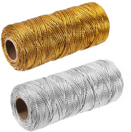 QUARKZMAN Baumwollseil Geflochtenes Kordel, Gold Silber 100m/109 Yard 2mm Durchmesser für Wanddekoration, Pflanzenaufhängung, Stricken, Makramee-Knoten