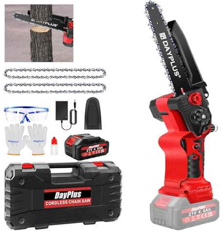 Cordless Chainsaw 8 Inch, Brushless Electric Handheld Chainsaw with 4.0Ah Battery and 2 Chains, 3.67m/s Chain Speed, Battery Chain Saw Pruning Chainsaw for Garden Courtyard