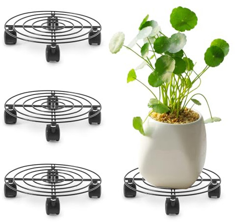 The Fellie 4 PCS Plant Caddy With Wheels Plant Pot Stand, Outdoor Metal Potted Trolley, Garden Rolling Plant Dolly With Casters, 27Cm Round Movable Roller Base For Indoor, Outdoor, Home And Patio