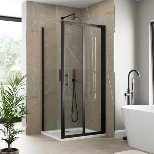 Luxura® 800 x 800mm Bifold Folding Shower Enclosure Door Screen for Wet Room Cubicle Enclosures, 6mm Safety Glass Space Saving, Framed, Black