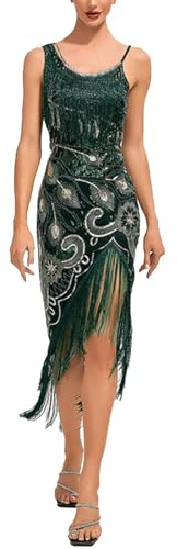 Abito da donna anni 20 Gatsby 1920 Verde Oro Abito da donna con frange Abito da donna per ballare Abito da flapper corto Charleston Costume con spalline Abito con paillettes Carnevale Abito con frange