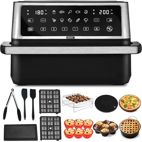 Yoer Heißluftfritteuse, 11 L Airfryer, 6-in-1, 12 automatische Programme, Spülmaschinenfester Korb, Antihaftbeschichtung, 2800W, 6-8 Portionen, MegaCrisp AF03BK, schwarz