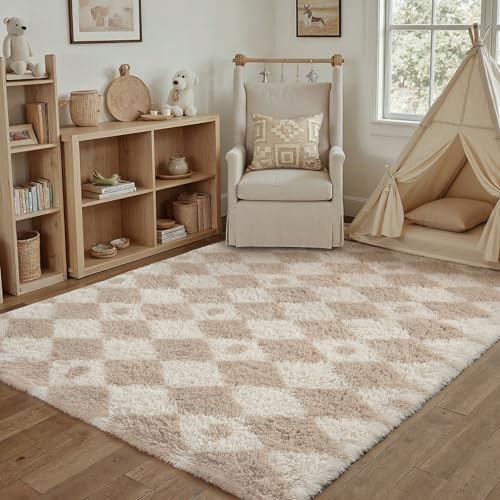 HUGEAR Alfombra Salon 120x180cm Pelo Largo a Cuadros Rombos Grande Beige Blanco Suave Alfombras Antideslizante Modernas Habitacion Juvenil Pie de Cama Exterior Dormitorio Comedor Cocina