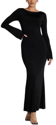XFSRG Vestito Donna Maniche Lunghe Sexy Maxi Abito Bodycon Elegante Vestito Lungo da Sera Tinta Unita Nero Abito da Festa Abito da Cocktail(L)