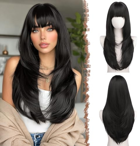 FESHFEN Peluca Liso con Flequillo - Pelucas Negro Natural Largo y Rectas con Capas para Mujeres Sintética Peluca Largas para Uso Diario en Fiestas, 60 cm