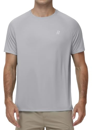 Runhit Men’s UPF 50+ UV Sun Protection Rash Guard Short Sleeve, Quick Dry Lightweight Swimming Shirts for Men, SPF Breathable T-Shirt for Gym Running Cycling, Light Grey L