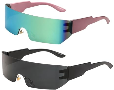QUARKZMAN 2 Pezzi Occhiali Da Sole Per Donne Uomini PC Stile Futurista Moda Occhiali Da Sole Protezione Per Guidare Fare Shopping E Scattare Foto Viola E Nero