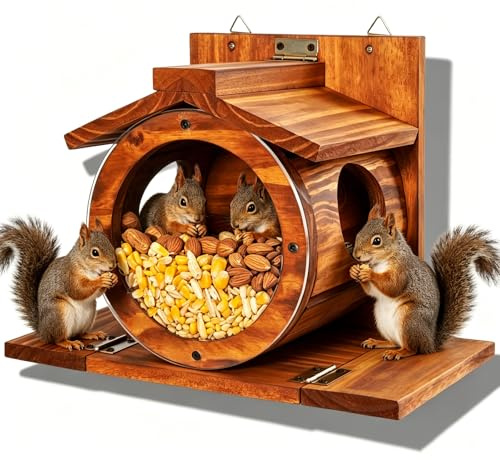 Mangeoire Écureuil Extérieur en Bois avec Fenêtre Transparente, Station d’Alimentation Résistante aux Intempéries, Distributeur de Nourriture à Suspendre, Maison Écureuil pour Jardin Balcon Arbre