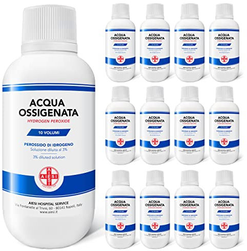 AIESI® Acqua Ossigenata disinfettante F.U. 3% 10 Volumi con tappo di sicurezza per bambini flacone da 250 ml (Confezione da 12 pezzi), Made in Italy