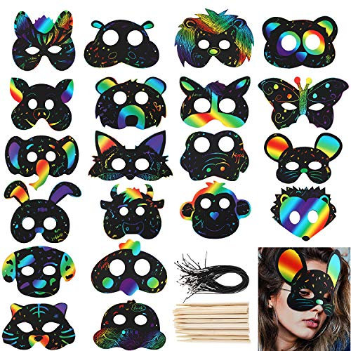 Gejoy 40 Sets Scratch Paper Animal Masks Colorful Scratch Mask with Elastic Band and Wood Stylus for Animal Themed Party Supplies and DIY