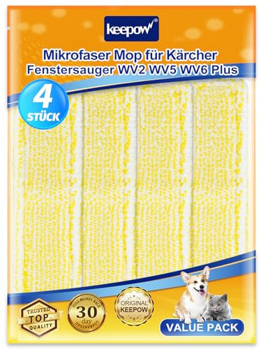 KEEPOW 4 Stück Mikrofaser Wischbezug für Kärcher Battery Window Vacuum Cleaner WV2 WV5 WV6 Plus, Ersatzteile für Kärcher Fenstersauger Tücher Wischmopppad, Gelb Indoor 2.633-130.0