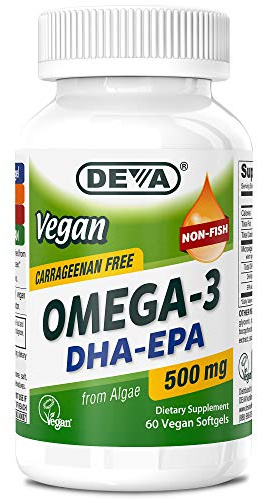 DEVA Vegan Omega-3 DHA-EPA 500MG – No Carrageenan, Non-Fish Oil Derived from Algae, Non-GMO, 60 Gelatin-Free Softgels