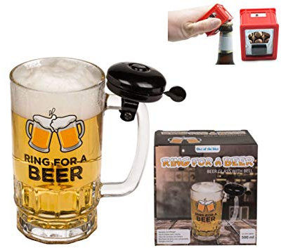 Bierglas Bierkrug Bierseidel 0,5 Liter mit Klingel und Öffner im Bierkasten Design