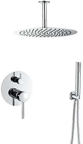 VALAZ Förkromad infälld dusch | 2-vägs enkelspaksdusch, regnspray, enkel och snabb takmontering | rostfri, rund, spruta 25 cm, jucar-serie