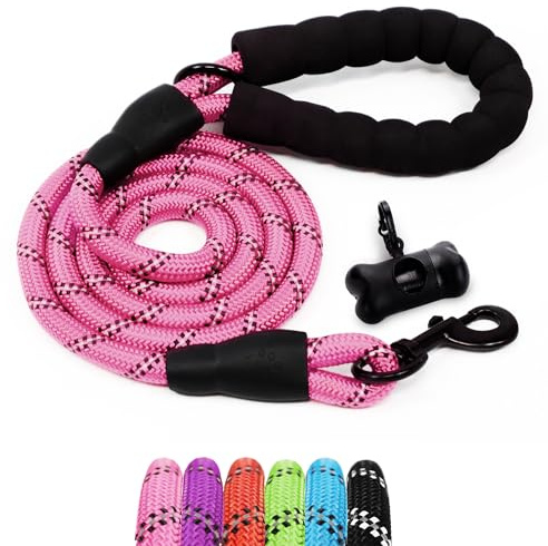 Furdreams 1.5m (5ft) Slip-On Dog Lead - One-Size-Fits-All Leash with Soft Padded Handle & Highly Reflective Threads - Durable & Weather Resistant Climbers Rope for Dogs - Waste Bag Dispenser Included