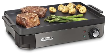 Hamilton Beach Professional Parrilla eléctrica de hierro fundido y plancha de 25,4 x 40,6 cm, superficie de cocción preestacionada, temperatura ajustable hasta 232 °C, negro (38560)