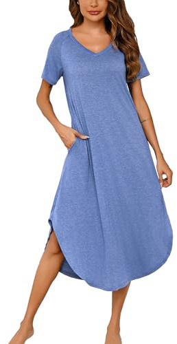 Nieery Camisón Mujer Tallas Grandes Algodon Verano Camisones Manga Corta con Bolsillos S-3XL