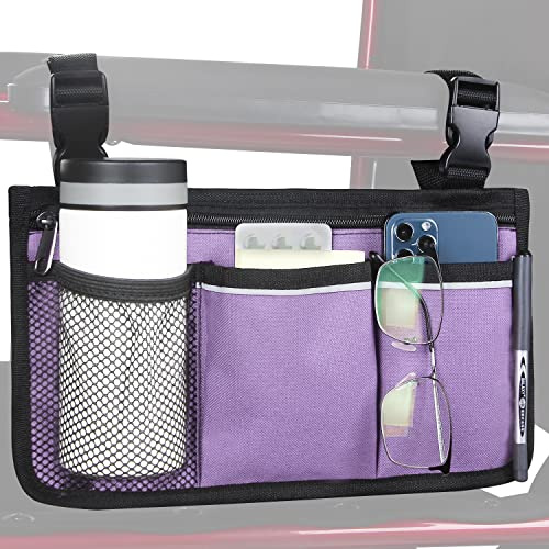 Wheelchair Side Bag, Armrest Storage Pouch with Cup Holder and Reflective Strip Use of Waterproof Fabric, for Most Wheelchairs, Walkers or Rollators (Purple)