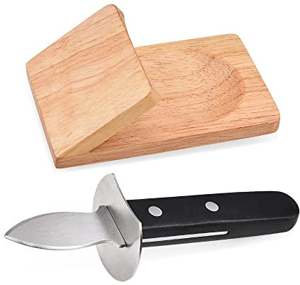 NEEDBUY Juego de cuchillos para ostras con soporte de madera, abrazadera para mariscos