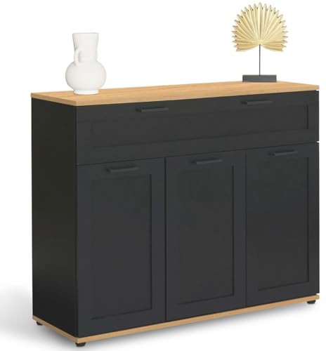 IDMarket VITO - Aparador de 100 cm, 3 puertas y 1 cajón, color negro y bandeja madera